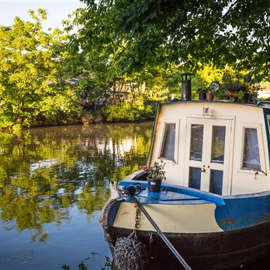 canal boat under a low hanging tree